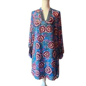 CABI WOMENS LIGHTWEIGHT BLUE/PURPLE FLORAL PATTERN DRESS 3/4 SLEEVES SIZE SMALL
